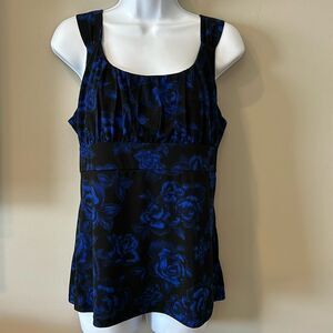 Ann Taylor Women's Black and Blue Floral Ruche Bust Tank Top Blouse Size Large